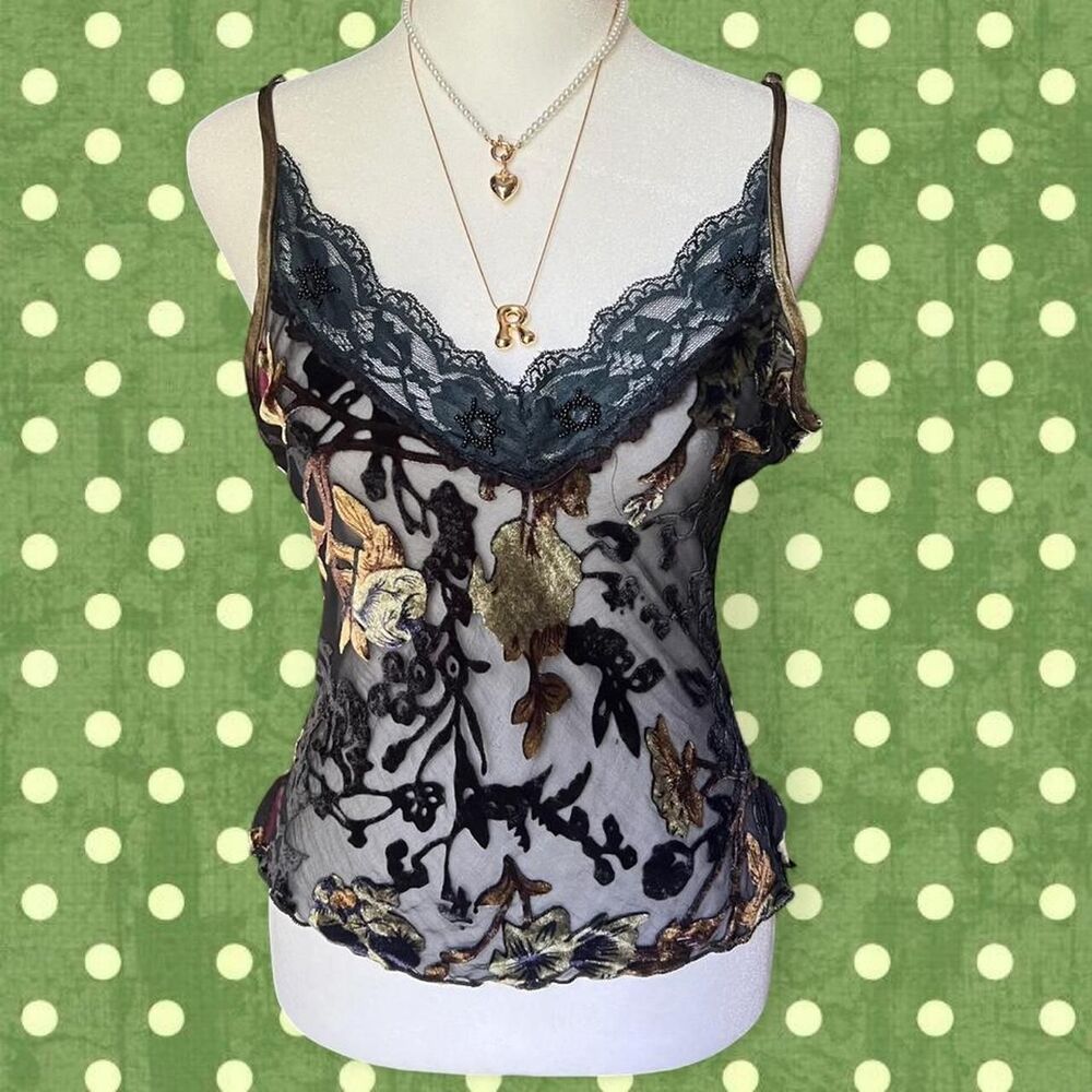 Black and Green Sheer Velvet Fairy Top with Lace and Beading